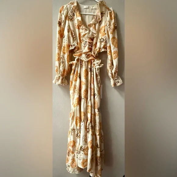 Anthropologie Bishop + Young Cream/Yellow/Gold Print Cut Out Sides Dress Sz. S - Picture 2 of 10